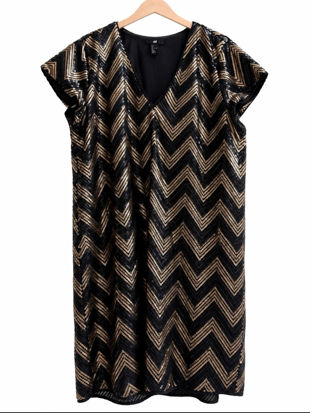 H&M - Gold & Black Chevron Sequin V-Neck Shift Dress